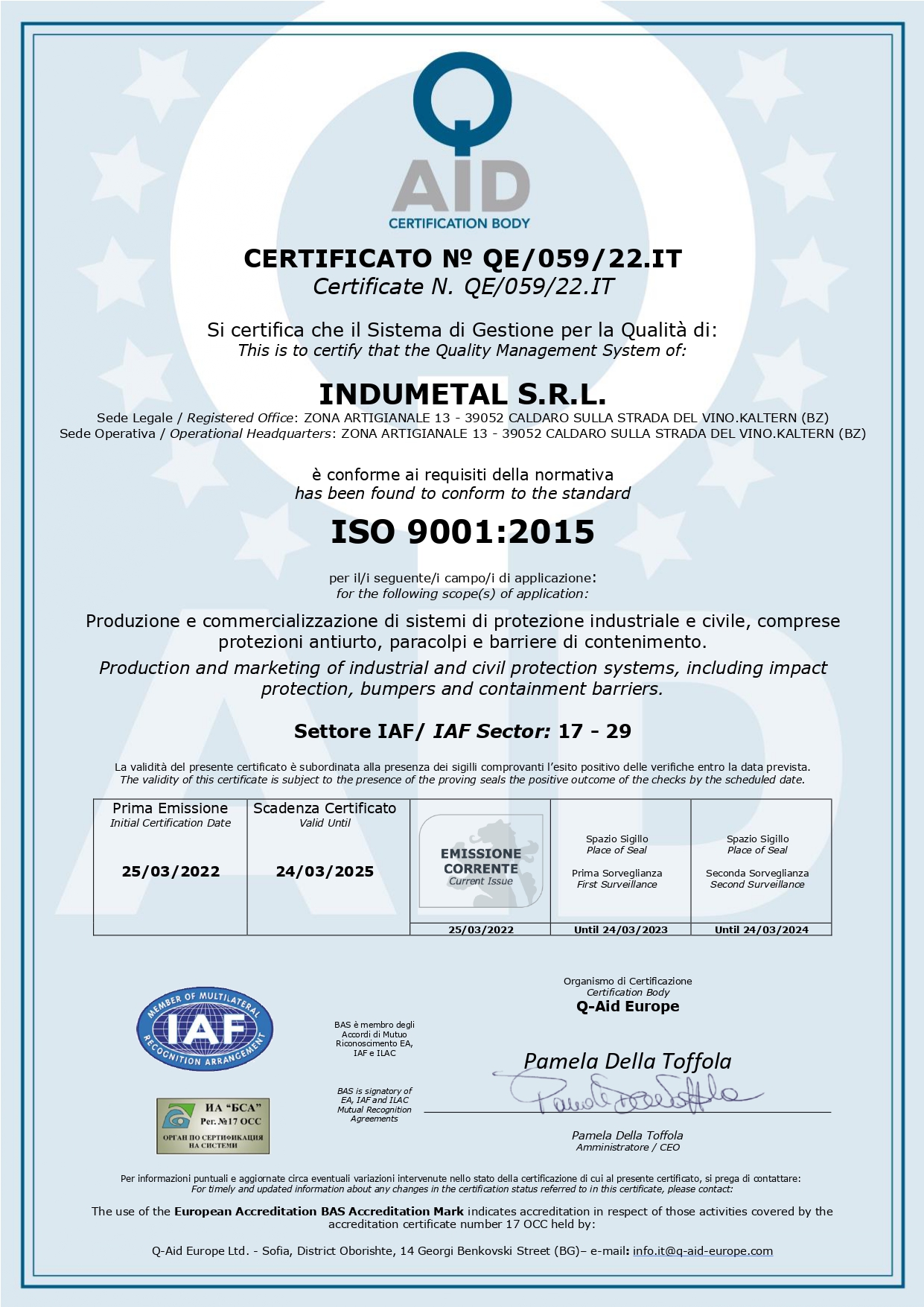 Certificati Indumetal for Logisafety